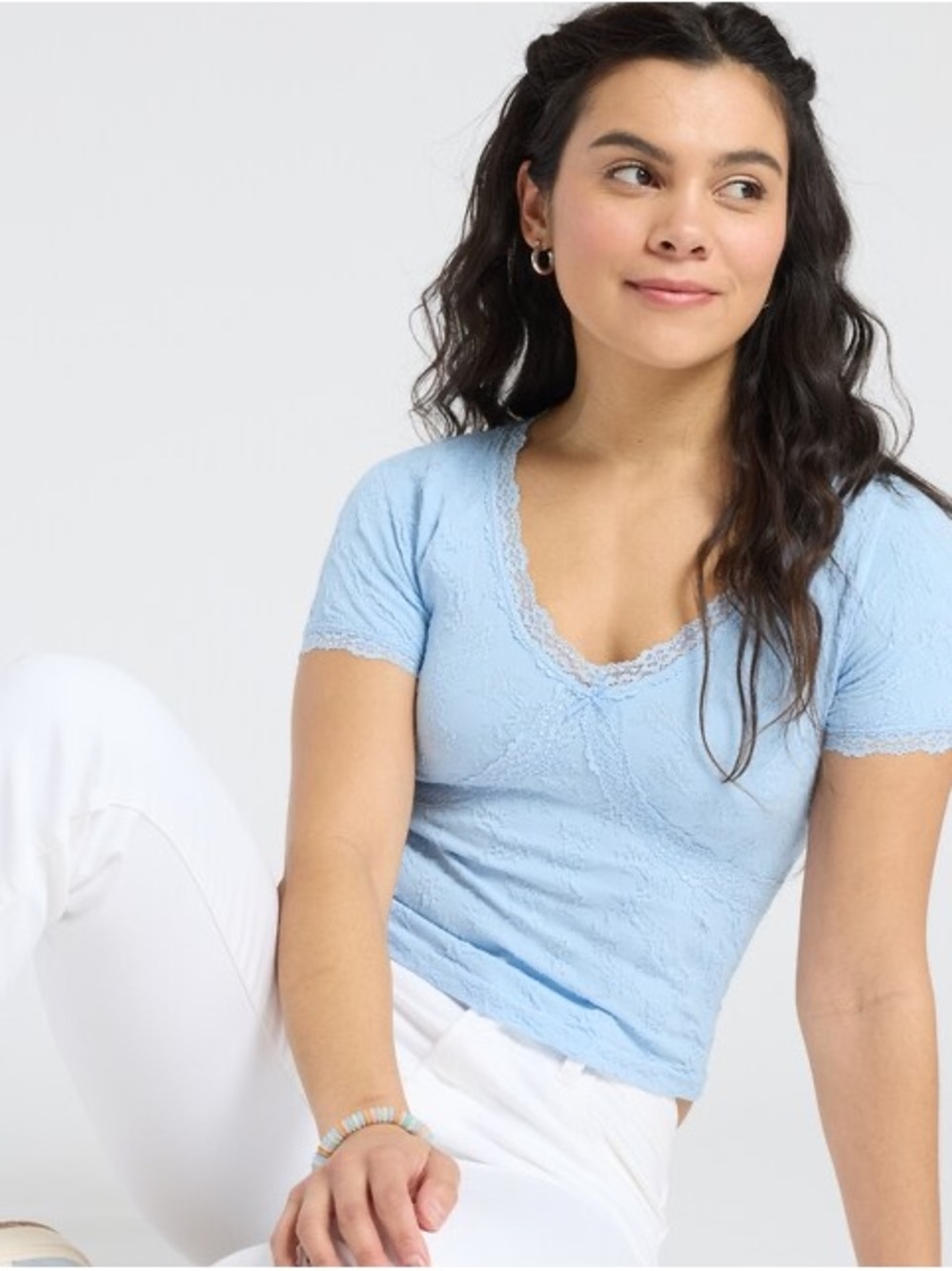 Lola Grace Lace Trimmed Floral Top Light Blue XS